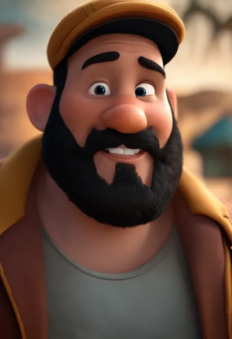 Imagem estilo Pixar com personagen 3d Disney,with a bearded man with a big short nose with dirty cap tattoo, bonitinho, sorridente ,Close-up, Pixar, Disney, Cinema lighting,