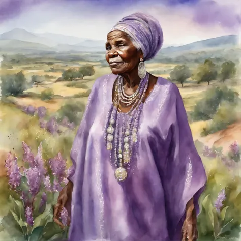 An elderly african woman with lilac-colored african clothes and shimmering silver-colored jewelry in a beautiful landscape, grande profundidade de campo, Arte Digital, obra prima, Qualidade UHD". RPG