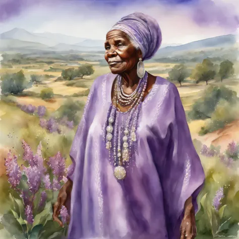 An elderly african woman with lilac-colored african clothes and shimmering silver-colored jewelry in a beautiful landscape, grande profundidade de campo, Arte Digital, obra prima, Qualidade UHD". RPG