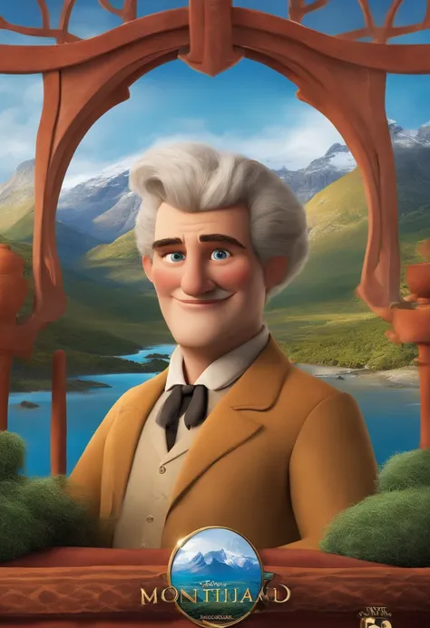 a Disney Pixar movie poster showing a white-skinned person.  A pessoa tem barba curta, Moreno, cabelos curtos e levemente ondulado.. The background is a landscape of Ushuaia with Montanas and lakes seen at a low height from the ground