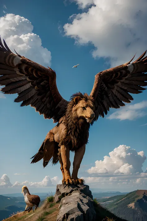 Crate an image of a griffin, a mythological beast of a lion, combined with head an wings of an eagle.  Make the beast hyper realistic standing on a mountain roaring.