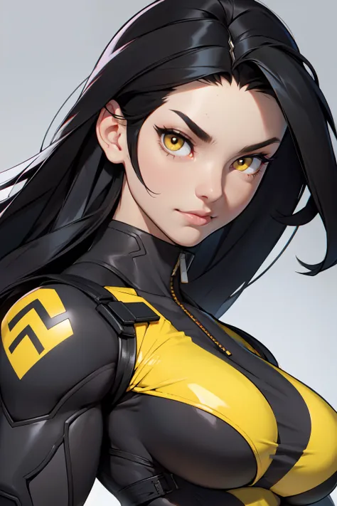 (((muscular girl))) huge breasts grey background black hair very long hair yellow eyes pale skin close up