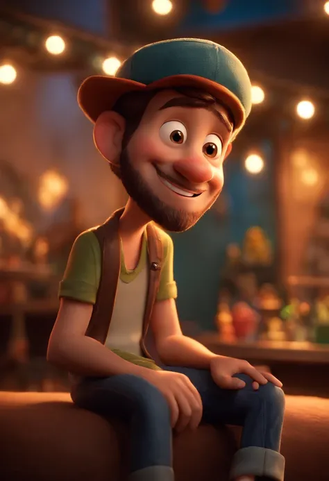 Imagem estilo Pixar com personagen 3d Disney,with a short man with beard and a big big nose with tattoo and cap ,sujo, bonitinho, sorridente ,Close-up, Pixar, Disney, Cinema lighting,