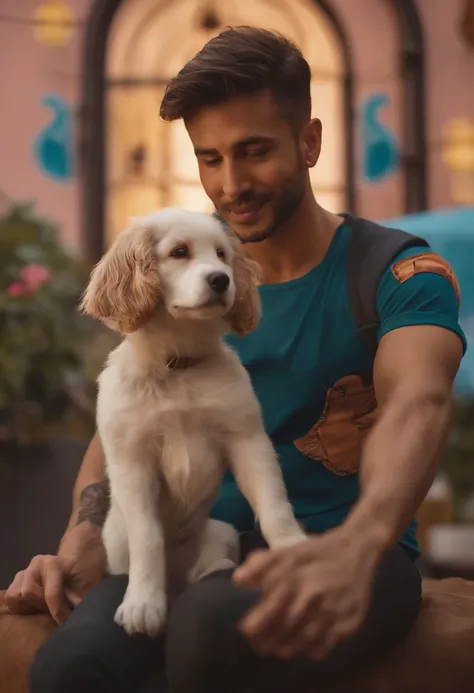 Homem com tatuagens segurando um cachorro no colo, imagem de perfil, 1614572159, Directed by: Nandor Soldier, with his hyperactive little dog, por Romain brook, amor incondicional, John Picacio e Brom, Directed by: Jessie Alexandra , Alex Yanes e Lisa Fran...