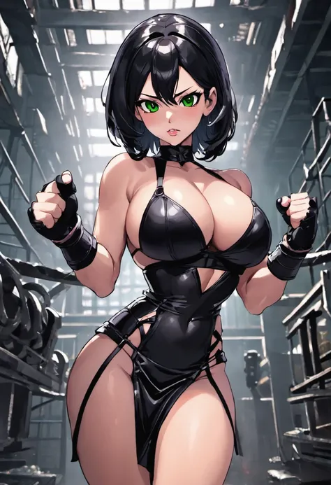 Muscular mature Denise Milani as an elegant cage fighter, stylish jet-black hair, huge firm silicone breasts, muscular physique, black leather pleated skirt, fighting cage in an abandoned factory, green eyes,