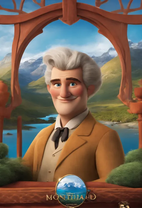 a Disney Pixar movie poster showing a white-skinned person.  A pessoa tem barba curta, Moreno, cabelos curtos e levemente ondulado.. The background is a landscape of Ushuaia with Montanas and lakes seen at a low height from the ground