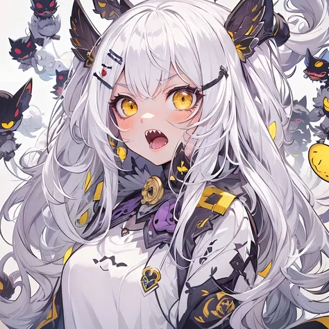 ((Masterpiece, Highest quality)), Detailed face, ， full bodyesbian, Full of details, random poses and expressions, Highly detailed, Depth, Many parts，white hair, yellow eyes, cute hair ornament, ghost girl, adorable, harajuku, juicy lips, sharp teeth, purp...