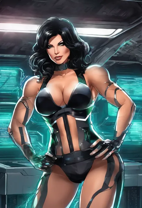 Muscular mature Denise Milani as an elegant cage fighter, stylish jet-black hair, huge firm silicone breasts, muscular physique, black leather pleated skirt, fighting cage in an abandoned factory, green eyes,