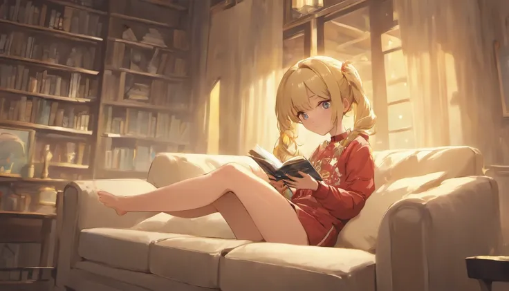 Blonde woman sitting on a sofa reading a book with headset in a living room, Ler um livro, arte conceitual relaxante, retrato do livro, realistic illustration, realistic afternoon lighting, estilo de arte realista, Lendo novo livro, olhando para a janela, ...