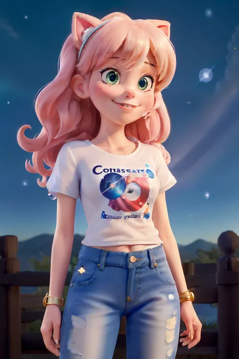 (Masterpiece, Best quality:1.2), , Solo, 1 cute cat, sheryl nome, Smile, Closed mouth, view the viewer, Wear a white T-shirt，denim pant, cosmic space, Star (sky)