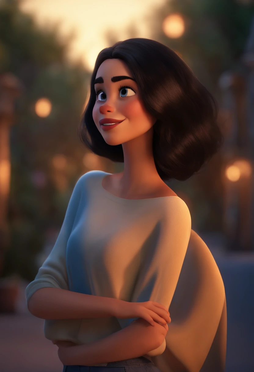 Imagem estilo Pixar com caractere 3D, Serious brunette woman with straight black hair would be in sweatshirt dancing, Maquiagem Disney,Pescador, bonitinho, sorridente ,Close-up, Pixar, Disney, Cinema lighting,