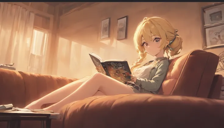 Blonde woman sitting on a sofa reading a book with headset in a living room, Ler um livro, arte conceitual relaxante, retrato do livro, realistic illustration, realistic afternoon lighting, estilo de arte realista, Lendo novo livro, olhando para a janela, ...