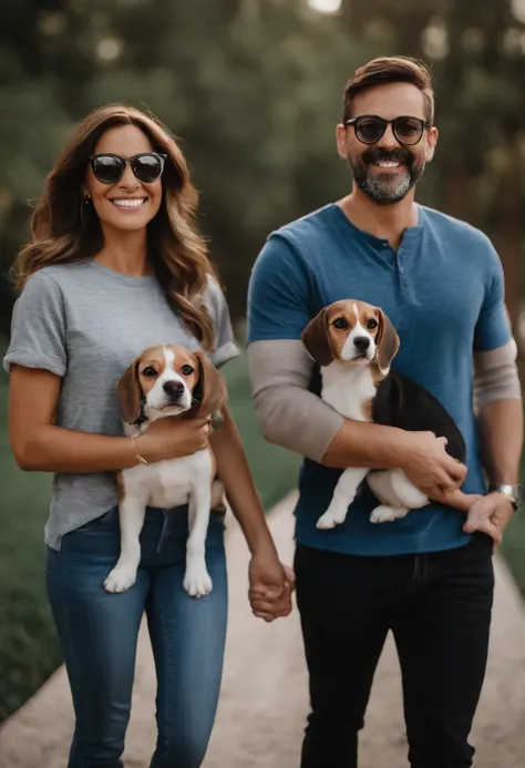 Pixar. Casal com um filhote de cachorro beagle marrom. A menina tem os cabelos loiros amarrados, Camiseta cinza e jeans claro, white glasses. O menino de cabelos pretos com cabelos grisalhos, barba pequena, oculos, Dark blue jeans and gray t-shirt. They ar...