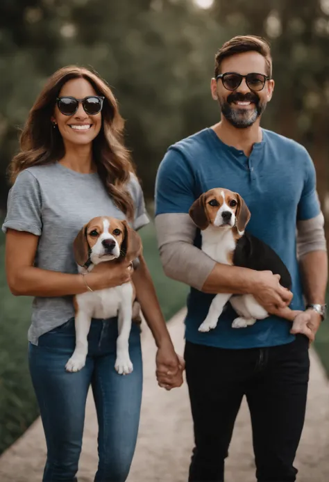 Pixar. Casal com um filhote de cachorro beagle marrom. A menina tem os cabelos loiros amarrados, Camiseta cinza e jeans claro, white glasses. O menino de cabelos pretos com cabelos grisalhos, barba pequena, oculos, Dark blue jeans and gray t-shirt. They ar...