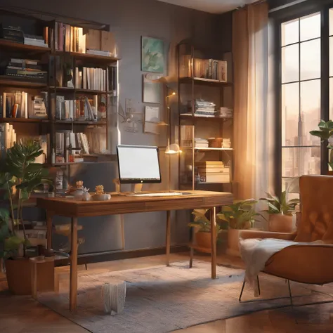 Crie um cartaz inspirado na Disney Pixar com o personagem sendo um homem negro, 40 anos de cabelos baixos, black haired men, in an office with a notebook on the table, modern style bookshelf full of books, office window with background of various buildings