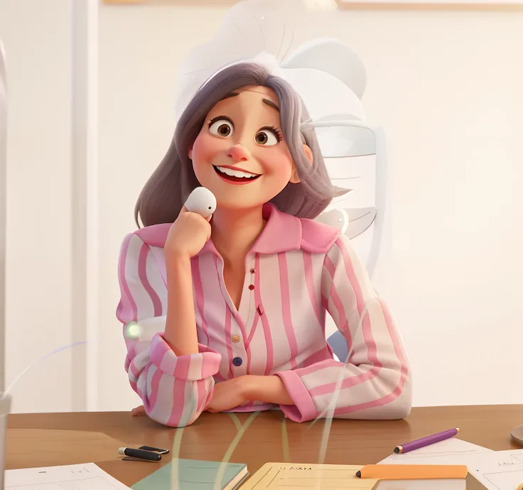 Uma mulher de 50 anos sorridente, Shes a psychologist and shes sitting at a table. Drawing in the Disney Pixar animation style