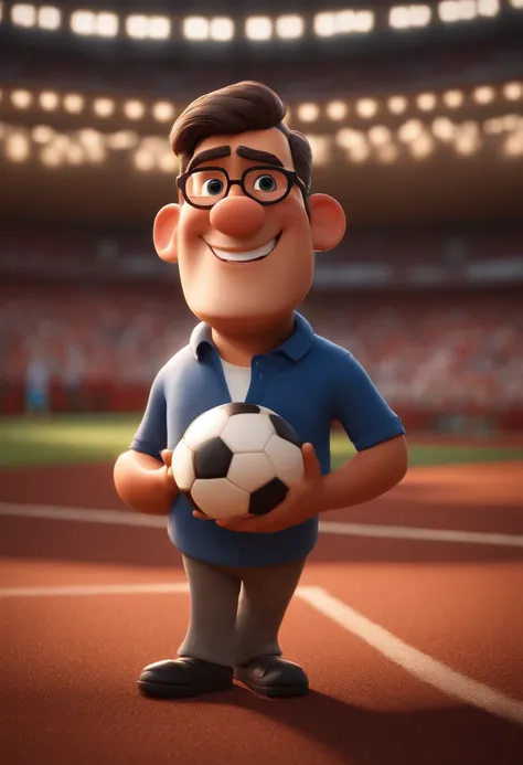 personagem dos desenhos animados de um homem moreno, wearing goggles, cabelo com topete e laterais em degrade, com barba, sorrindo, in a football stadium, Celebrating your players goal as a coach,  3D estilizado,  Pose de personagem, (Estilo Pixar) (master...