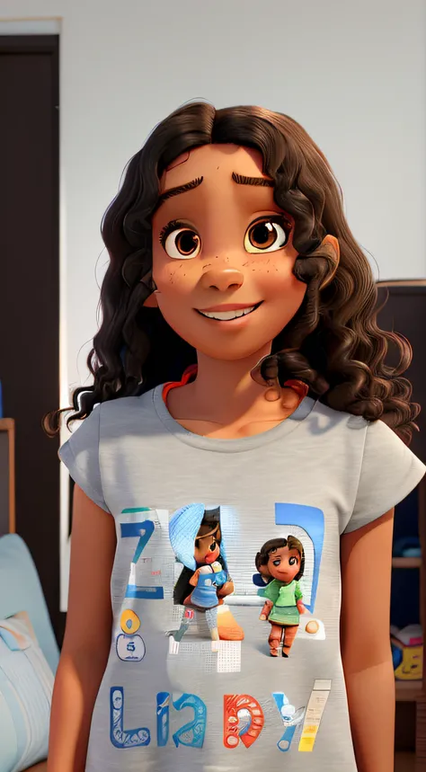 A 3D movie poster in Disney-Pixar style of a 7-year-old child, a slender girl with long, curly black hair and light brown skin, brown eyes, a big gap in her upper front teeth, petite, wearing a red t-shirt.