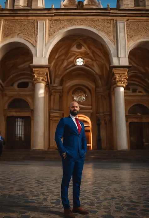 A man, 42 years old, with a stubble beard and bald head, wearing a blue suit, white shirt, and red tie, standing in front of the Matriz Church of São Gonçalo - RJ. (best quality,4k,8k,highres,masterpiece:1.2), ultra-detailed, (realistic,photorealistic,phot...