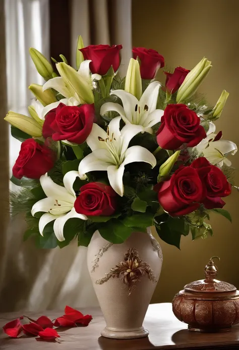 Stunning bouquet of roses and lilies in a ceramic vase, Cores Vermelho e Branco, Um quarto aconchegante, uma guirlanda, uma janela aberta, a lua e as estrelas, Noite, uma atmosfera de conforto