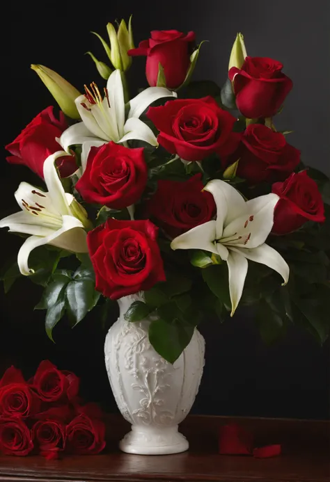 Stunning bouquet of roses and lilies in a ceramic vase, Cores Vermelho e Branco, Um quarto aconchegante, uma guirlanda, uma janela aberta, a lua e as estrelas, Noite, uma atmosfera de conforto