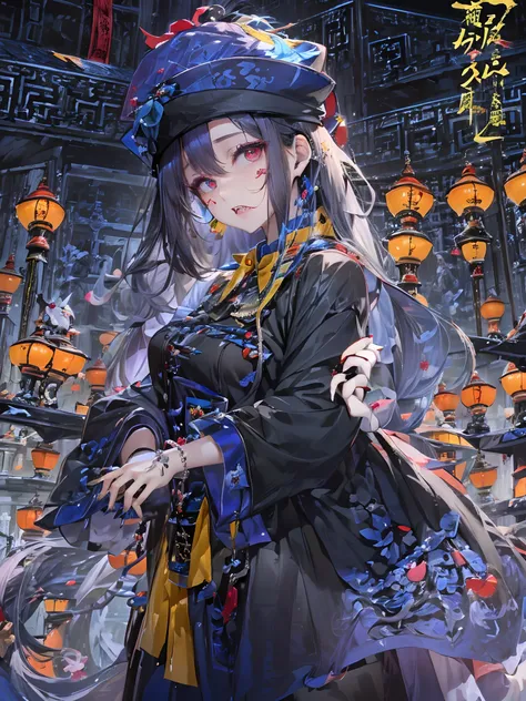 absurderes, (独奏)ultra-detailliert, Delicate beautiful face,(jiangshi:1.4), (Spells with red letters on yellow),mid night,Dark scenery,Stretch your hands forward,Blue manicure,(double tooth),Cemetery at night