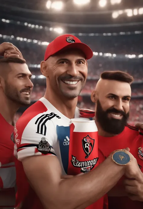 A 3D movie poster in Disney-Pixar style of a 42-year-old man, light-skinned, bald with a shaved head, sporting a stubble beard, weighing 80 kg, wearing a Clube de Regatas do Flamengo T-shirt, with a broad nose, small eyes, black eyes, standing, celebrating...