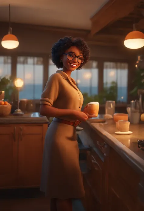 (best quality,4k,8k,highres,masterpiece:1.2),ultra-detailed,(realistic,photorealistic,photo-realistic:1.37),vibrant colors, Pixar style, curly short hair, brown skin, white glasses, dancing, Disney makeup, cute, smiling, close-up, fisherman, cinematic ligh...