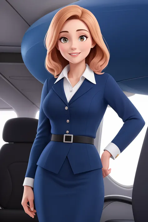 Uma mulher de 30 anos, com longos cabelos castanhos escuros , rosto de mulher italiana, sorriso encantador, seios fartos,  olhos castanhos, Standing inside a plane wearing dark blue flight attendant uniform