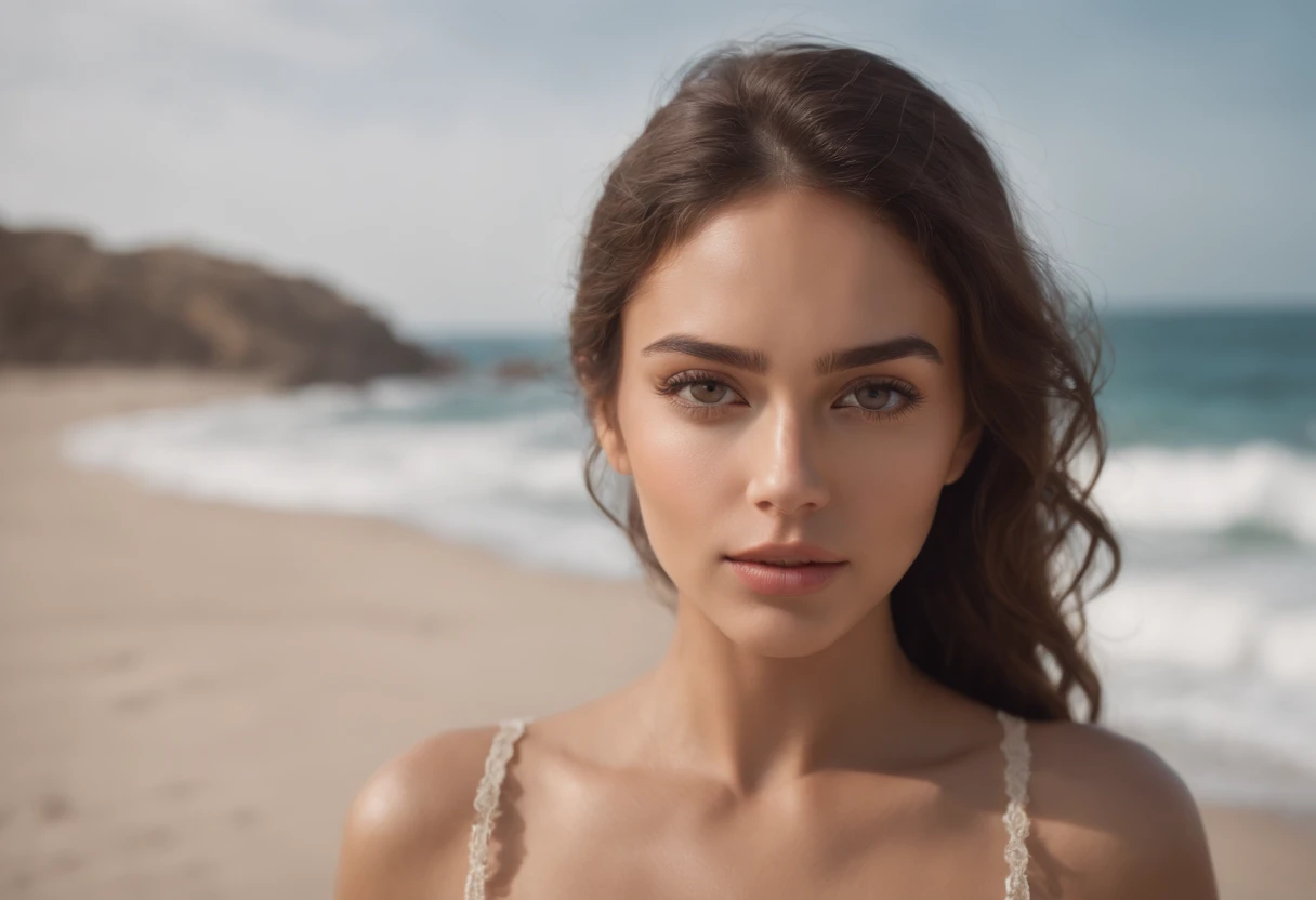 Ultra-realistic photography with 8k resolution. Retrato de una hermosa modelo mexicana con piel bronceada, ojos oliva, sensual cuerpo completo con caderas grandes, Paseando por la playa frente al mar. Su largo, Curly hair is split open. Una luz dorada rode...