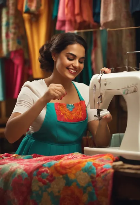 25-year-old Hispanic woman, smiling while sewing a perfect garment, shows dexterity and a lot of joy, the garments she is sewing are brightly colored and the atmosphere is cheerful, .RAW