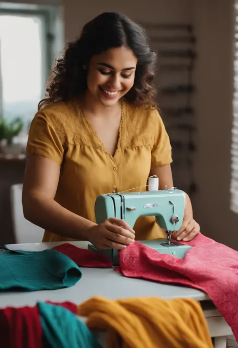 25-year-old Hispanic woman, smiling while sewing a perfect garment, shows dexterity and a lot of joy, the garments she is sewing are brightly colored and the atmosphere is cheerful, .RAW