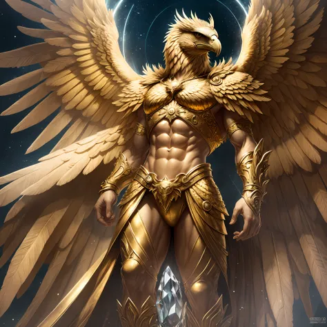 The anthropomorphic eagle vulture can be described as having a human body and (eagles head) and golden wings, human arms, upright walking creatures, ((beautifully detailed griffin)) (extremely detailed CG Unity 8k wallpaper), professional majestic oil pain...