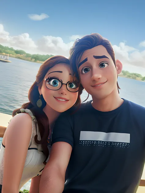 there is a man and a woman that are posing for a picture, Disney fotorrealista, Disney foto realista, disney render, pixar retrato 8 k foto, Grandes olhos da Disney, animation movie still, animado ainda, tiro de close-up, in style of disney animation, fan ...