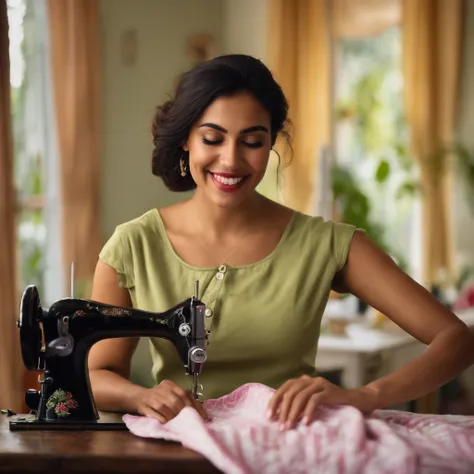 25-year-old Hispanic woman, smiling while sewing a perfect garment, shows dexterity and a lot of joy, the garments she is sewing are brightly colored and the atmosphere is cheerful, .RAW