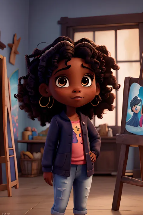 Capa de filme estilo Disney, uma menina preta com olhos castanhos, Dark skin and curly hair working painting pictures and an art studio in the background