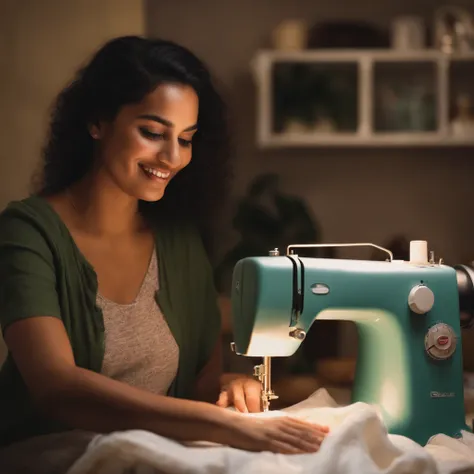 25-year-old Hispanic woman, smiling while sewing a perfect garment, shows dexterity and a lot of joy, the garments she is sewing are brightly colored and the atmosphere is cheerful, .RAW