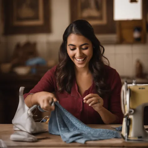 25-year-old Hispanic woman, smiling while sewing a perfect garment, shows dexterity and a lot of joy, the garments she is sewing are brightly colored and the atmosphere is cheerful, .RAW