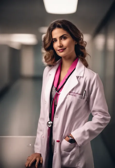 Uma bela garota de cabelo longo cacheado , Take a selfie in your lab coat and with your pink stethoscope around your neck