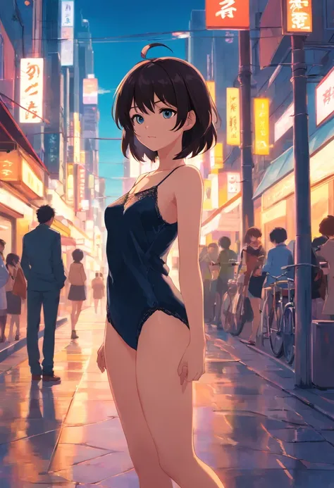 Anime girl standing on city street without panties and black erotic lingerie, Ilya Kuvshinov de cabelos compridos, Arte estilo Guviz, Anime Art Wallpaper 8K, Guvitz na empresa Pisif Art Station, Guwiz at Pisiv art station, Arte de anime cyberpunk