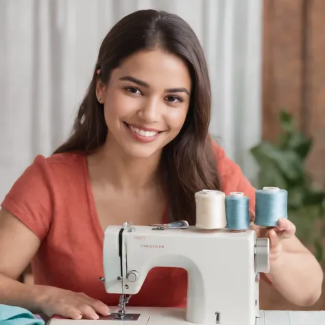 25-year-old Hispanic woman, smiling while sewing a perfect garment, shows dexterity and a lot of joy, the garments she is sewing are brightly colored and the atmosphere is cheerful, .RAW