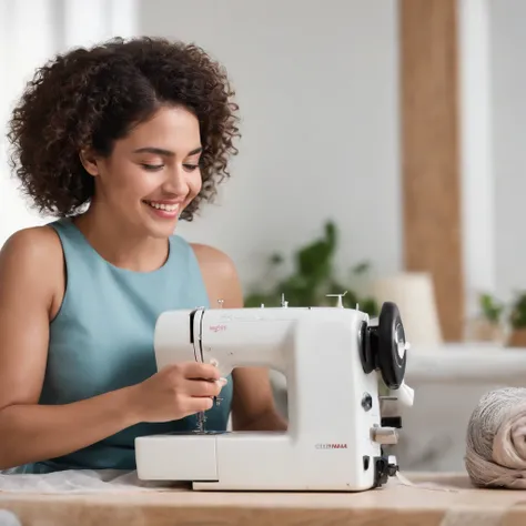 25-year-old Hispanic woman, smiling while sewing a perfect garment, shows dexterity and a lot of joy, the garments she is sewing are brightly colored and the atmosphere is cheerful, .RAW