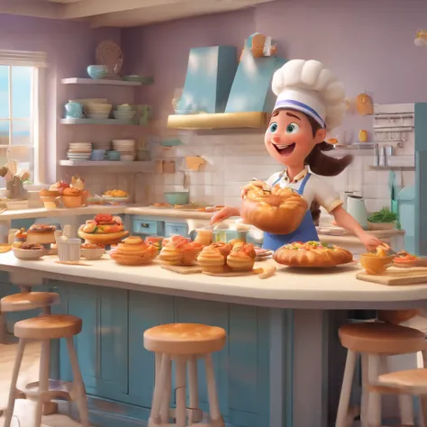 Crie uma cena de desenho animado  estilo 3d -Pixar, Onde uma mulher, de cabelos lisos castanhos com 44 anos de idade, Shes cooking dressed as a pastry chef.