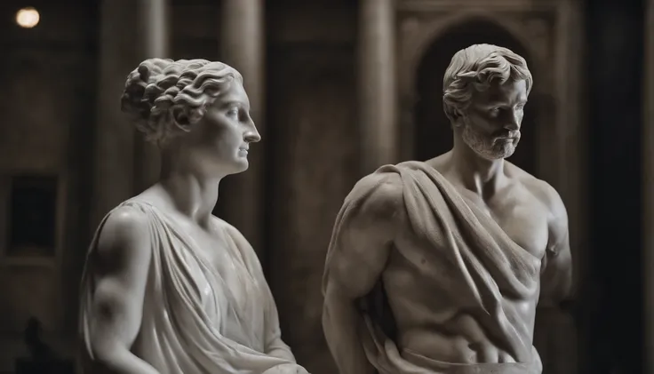 Stoic white marble statue, a muscular man and his wife next to him, with a dark cinematic 8K background, ultra realistic.