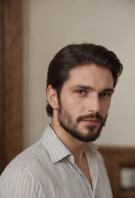 A man with a beard is wearing a striped shirt and looking at the camera. He appears to be in a professional setting, as he is standing in front of a cabinet or a wooden closet. The mans facial expression suggests that he is focused and attentive, possibly ...