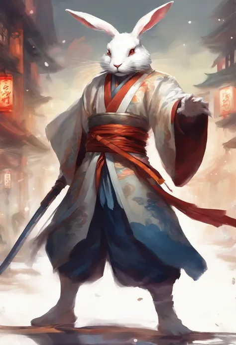 White Rabbit beastman in kimono, samurai, in a fighting stance, in a street, to stand,