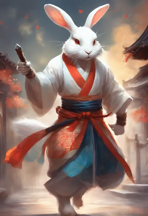 White Rabbit beastman in kimono, samurai, in a fighting stance, in a street, to stand,