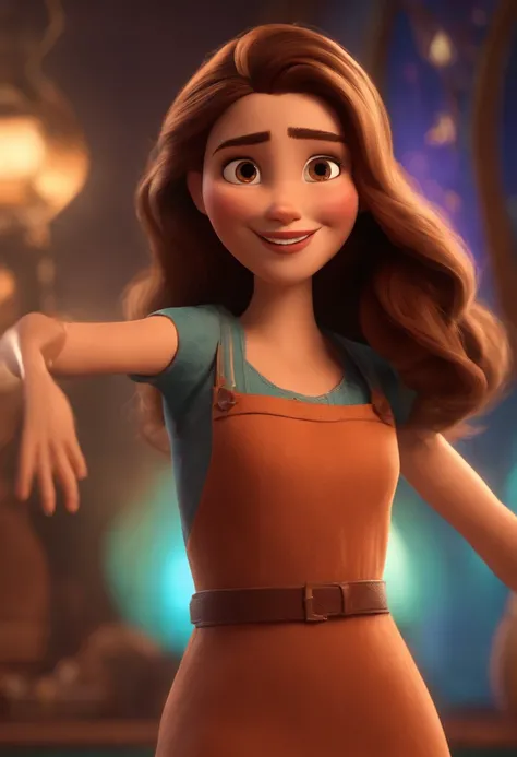 Pixar style image with 3D character light brunette woman medium brown straight hair dancing, Maquiagem Disney,Pescador, bonitinho, sorridente ,Close-up, Pixar, Disney, Cinema lighting,