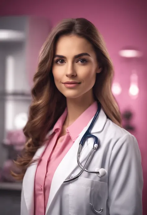 Uma bela garota de cabelo longo cacheado , Take a selfie in your lab coat and with your pink stethoscope around your neck. Personagens em 3D