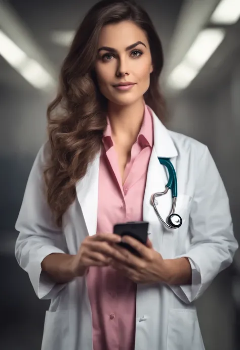 Uma bela garota de cabelo longo cacheado , Take a selfie in your lab coat and with your pink stethoscope around your neck. Personagens em 3D